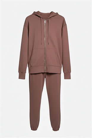 Kapüşonlu Fermuarlı Modal Kumaş Eşofman Takımı –Kahve