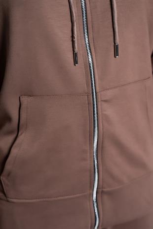 Kapüşonlu Fermuarlı Modal Kumaş Eşofman Takımı –Kahve