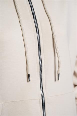 Kapüşonlu Fermuarlı Modal Kumaş Eşofman Takımı –Krem