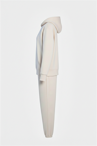 Kapüşonlu Fermuarlı Modal Kumaş Eşofman Takımı –Krem