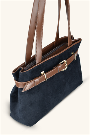 Kemer Detaylı Süet El ve Omuz Çantası - Siyah