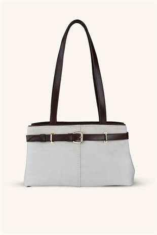 Kemer Detaylı Süet El ve Omuz Çantası - Krem