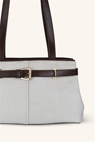 Kemer Detaylı Süet El ve Omuz Çantası - Krem