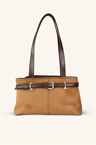 Kemer Detaylı Süet El ve Omuz Çantası - Taba