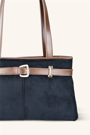 Kemer Detaylı Süet El ve Omuz Çantası - Siyah