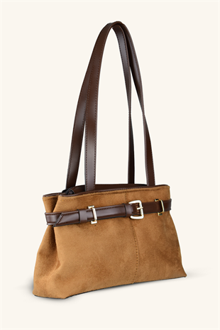 Kemer Detaylı Süet El ve Omuz Çantası - Taba