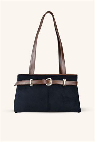 Kemer Detaylı Süet El ve Omuz Çantası - Siyah