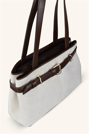 Kemer Detaylı Süet El ve Omuz Çantası - Krem