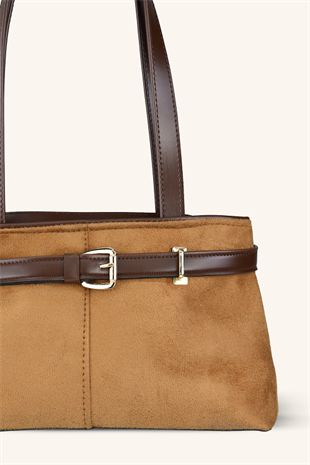 Kemer Detaylı Süet El ve Omuz Çantası - Taba