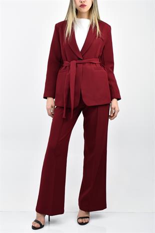 Kemerli Blazer Ceket Pantolon Takım - Bordo