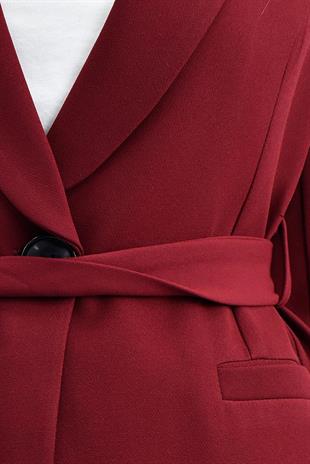 Kemerli Blazer Ceket Pantolon Takım - Bordo