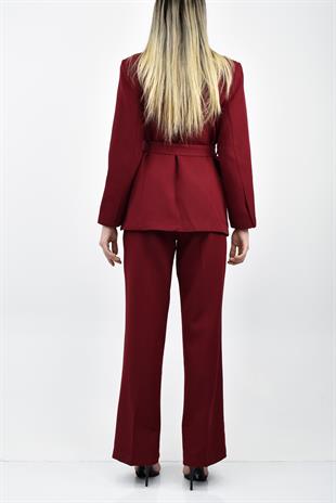Kemerli Blazer Ceket Pantolon Takım - Bordo