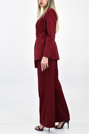 Kemerli Blazer Ceket Pantolon Takım - Bordo