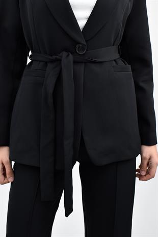 Kemerli Blazer Ceket Pantolon Takım - Siyah