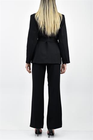 Kemerli Blazer Ceket Pantolon Takım - Siyah