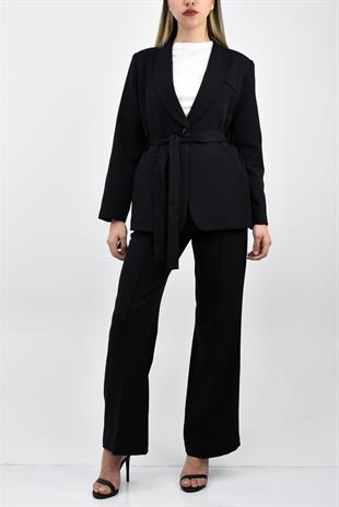 Kemerli Blazer Ceket Pantolon Takım - Siyah