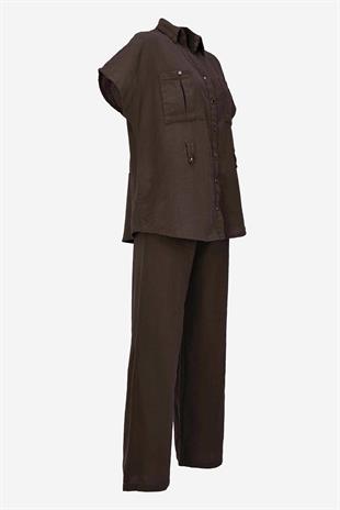 Keten Kuşaklı Gömlek Pantolon Takım - Acı Kahve