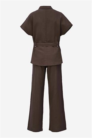 Keten Kuşaklı Gömlek Pantolon Takım - Acı Kahve
