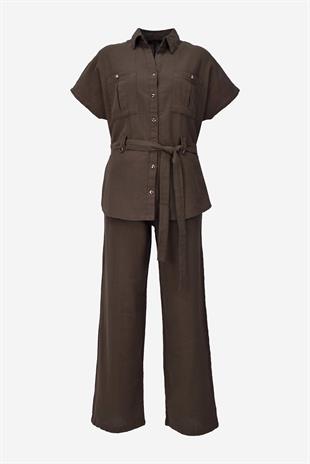 Keten Kuşaklı Gömlek Pantolon Takım - Acı Kahve