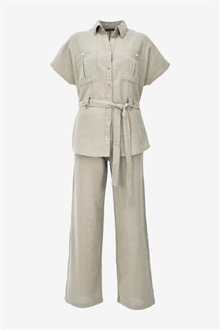 Keten Kuşaklı Gömlek Pantolon Takım - Bej