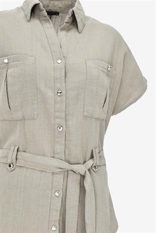 Keten Kuşaklı Gömlek Pantolon Takım - Bej