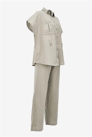 Keten Kuşaklı Gömlek Pantolon Takım - Bej