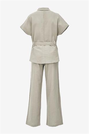 Keten Kuşaklı Gömlek Pantolon Takım - Bej