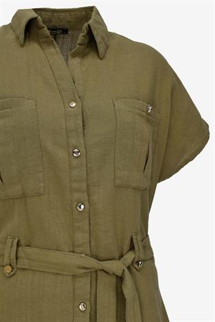 Keten Kuşaklı Gömlek Pantolon Takım - Haki