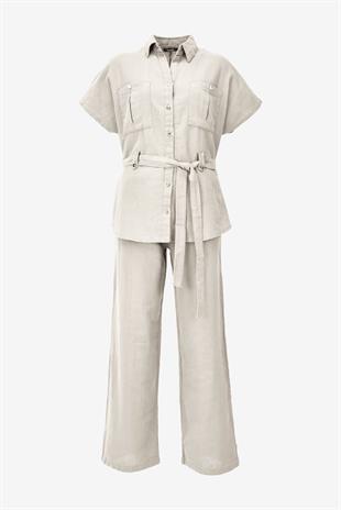 Keten Kuşaklı Gömlek Pantolon Takım - Krem