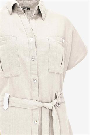 Keten Kuşaklı Gömlek Pantolon Takım - Krem