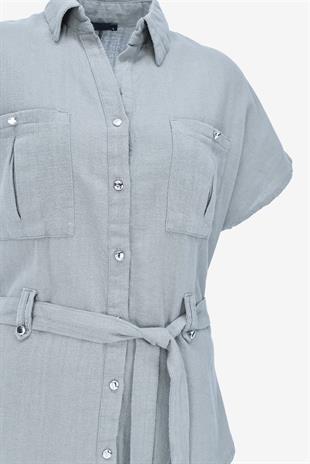 Keten Kuşaklı Gömlek Pantolon Takım - Mavi