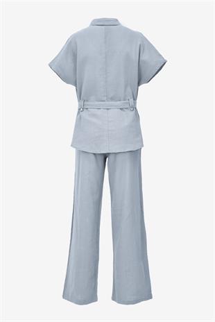 Keten Kuşaklı Gömlek Pantolon Takım - Mavi