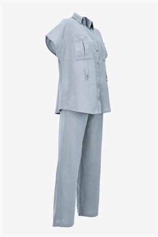 Keten Kuşaklı Gömlek Pantolon Takım - Mavi