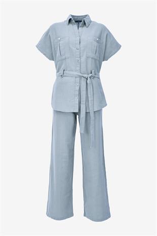 Keten Kuşaklı Gömlek Pantolon Takım - Mavi