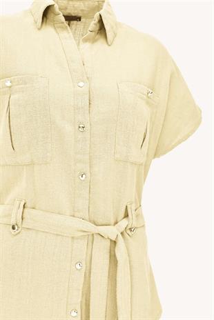 Keten Kuşaklı Gömlek Pantolon Takım - Sarı