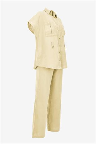 Keten Kuşaklı Gömlek Pantolon Takım - Sarı