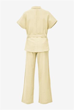 Keten Kuşaklı Gömlek Pantolon Takım - Sarı