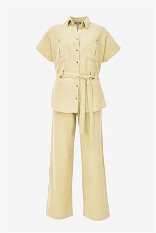 Keten Kuşaklı Gömlek Pantolon Takım - Sarı