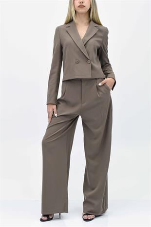  Kısa Crop Blazer Ceket Pantolon İkili Takım - Koyu Bej