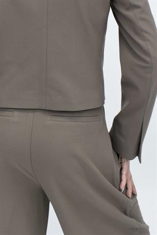  Kısa Crop Blazer Ceket Pantolon İkili Takım - Koyu Bej