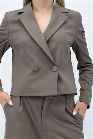  Kısa Crop Blazer Ceket Pantolon İkili Takım - Koyu Bej