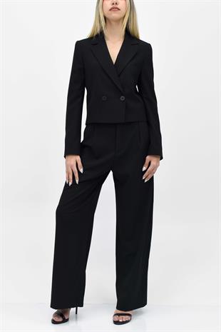  Kısa Crop Blazer Ceket Pantolon İkili Takım - Siyah