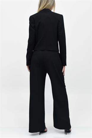  Kısa Crop Blazer Ceket Pantolon İkili Takım - Siyah