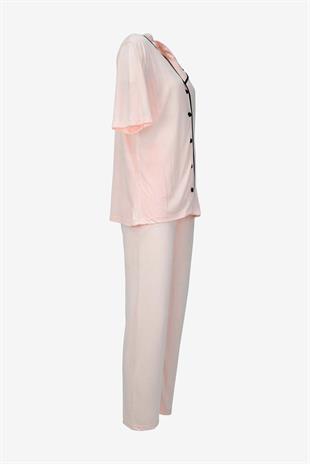 Kısa Kollu Düğmeli Biyeli Pijama Takımı -Somon