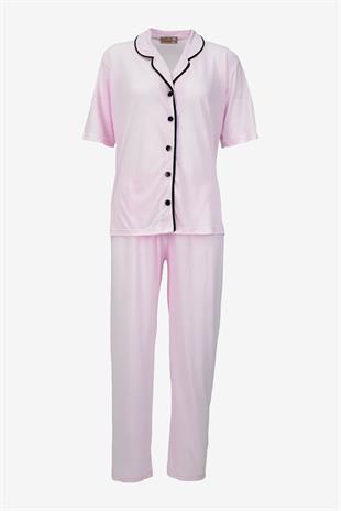 Kısa Kollu Düğmeli Biyeli Pijama Takımı -Toz Pembe