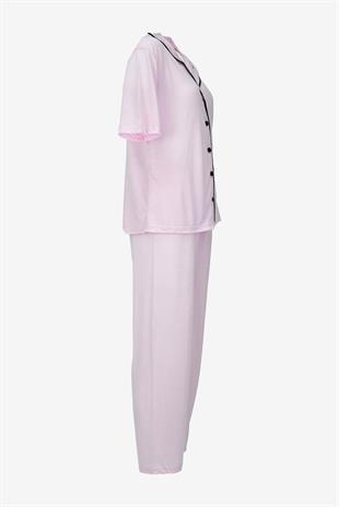 Kısa Kollu Düğmeli Biyeli Pijama Takımı -Pembe