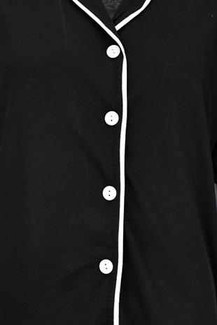 Kısa Kollu Düğmeli Biyeli Pijama Takımı -Siyah