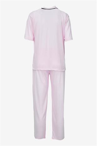 Kısa Kollu Düğmeli Biyeli Pijama Takımı -Pembe