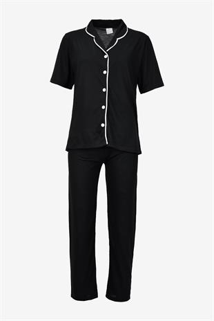 Kısa Kollu Düğmeli Biyeli Pijama Takımı -Siyah