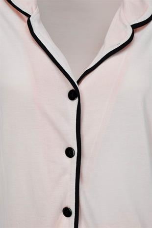 Kısa Kollu Düğmeli Biyeli Pijama Takımı -Somon